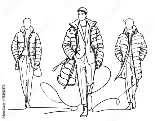 Abstract sketch fashion male in down jacket, winter illustration