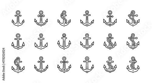 Collection of 18 unique anchor line icons, featuring editable strokes and a clean, modern design, perfect for infographics, articles, books, flyers, banners, and vector cartoon illustrations on a