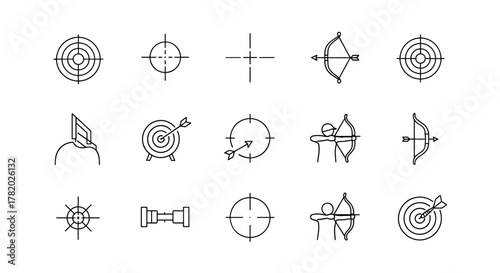 Set of line icons representing archery and aiming, including targets, bows, arrows, and a person aiming a bow, perfect for graphic design, web, apps, and advertising, presented as a clean vector