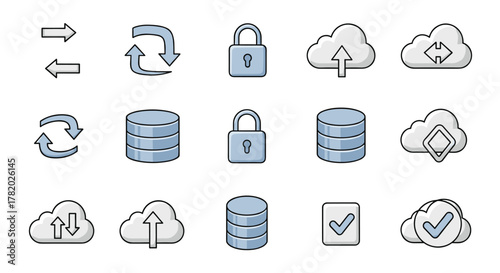 Collection of vector cartoon icons representing cloud technology, data storage, security, and synchronization, featuring arrows, locks, databases, and checkmarks, perfect for infographics, articles
