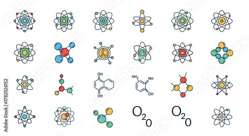 Collection of vivid, minimalistic, linear pictograms representing atoms and chemical compounds in filled color style, ideal for web, graphic design, apps, banners, and social networks, symbolizing