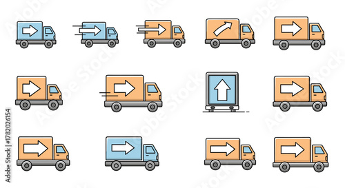 Set of 12 stylized delivery truck icons with arrows indicating direction and movement, presented on a clean white background. This collection features various truck designs and arrow styles, perfect