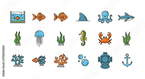 Collection of vibrant, minimalistic cartoon illustrations representing various elements of marine life and underwater exploration, perfect for web and graphic design, apps, banners, social networks