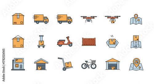 Set of flat line icons representing various aspects of logistics and delivery services, including trucks, drones, scooters, bicycles, warehouses, shipping boxes, and maps with location pins, designed