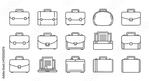 Collection of simple, isolated line icons representing briefcases and business bags, featuring editable strokes. Perfect for graphic design, book illustrations, advertisements, app interfaces, and