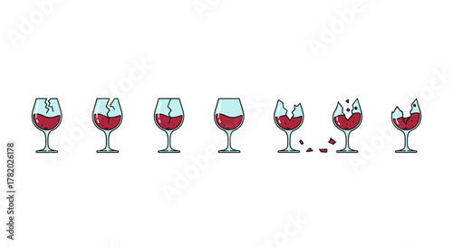 Set of seven wine glasses in various states of breakage, from slightly cracked to completely shattered, filled with red wine, isolated on a white background, presented as a vector cartoon