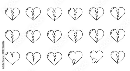 A collection of 18 distinct broken heart outline icons, symbolizing heartbreak, sadness, and relationship issues, presented on a clean white background for versatile graphic and web design