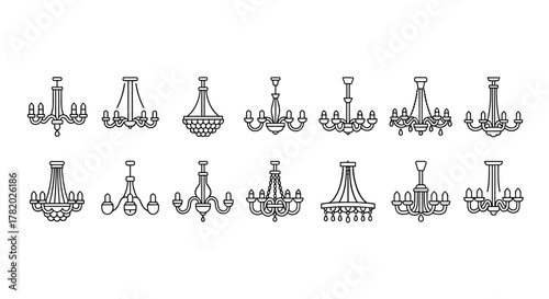 Collection of twelve distinct outline chandelier vector illustrations, showcasing a variety of classic and modern designs, perfect for graphic and web design, apps, adverts, and various cards