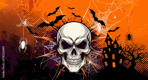 Vibrant Halloween Poster Design with Spooky Halftone Grunge Background, Featuring a Central Skull, Bats, Spiders, and a Haunted House Silhouette, Evoking a Classic Spooky Atmosphere for Seasonal