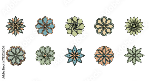 Collection of ten stylized abstract floral ornaments and logos, presented in a clean vector cartoon illustration style with a white background, featuring a variety of geometric petal designs and