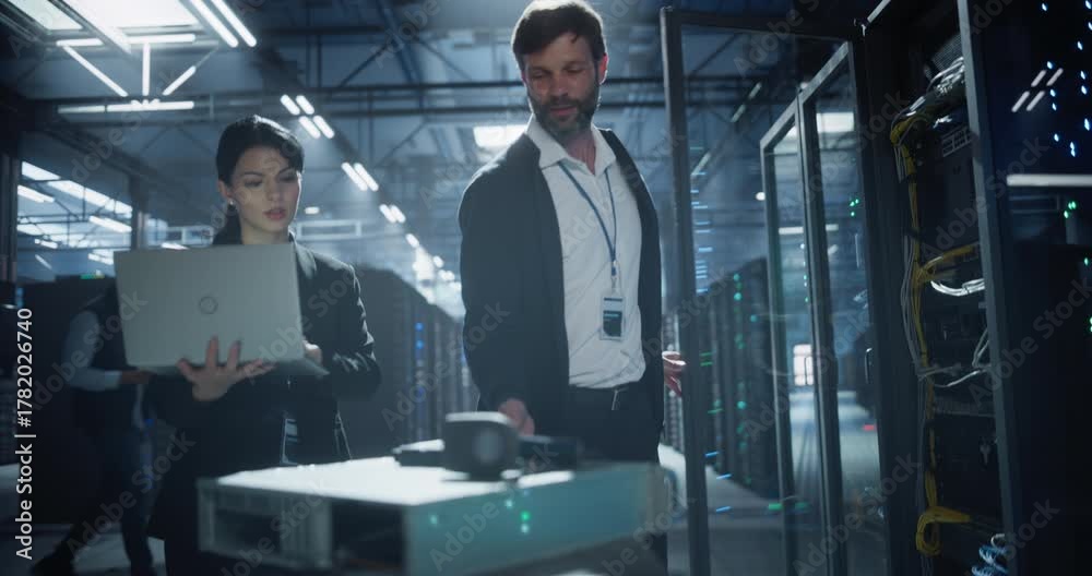 Two technician moves a cart through a data center, opens a server rack ...