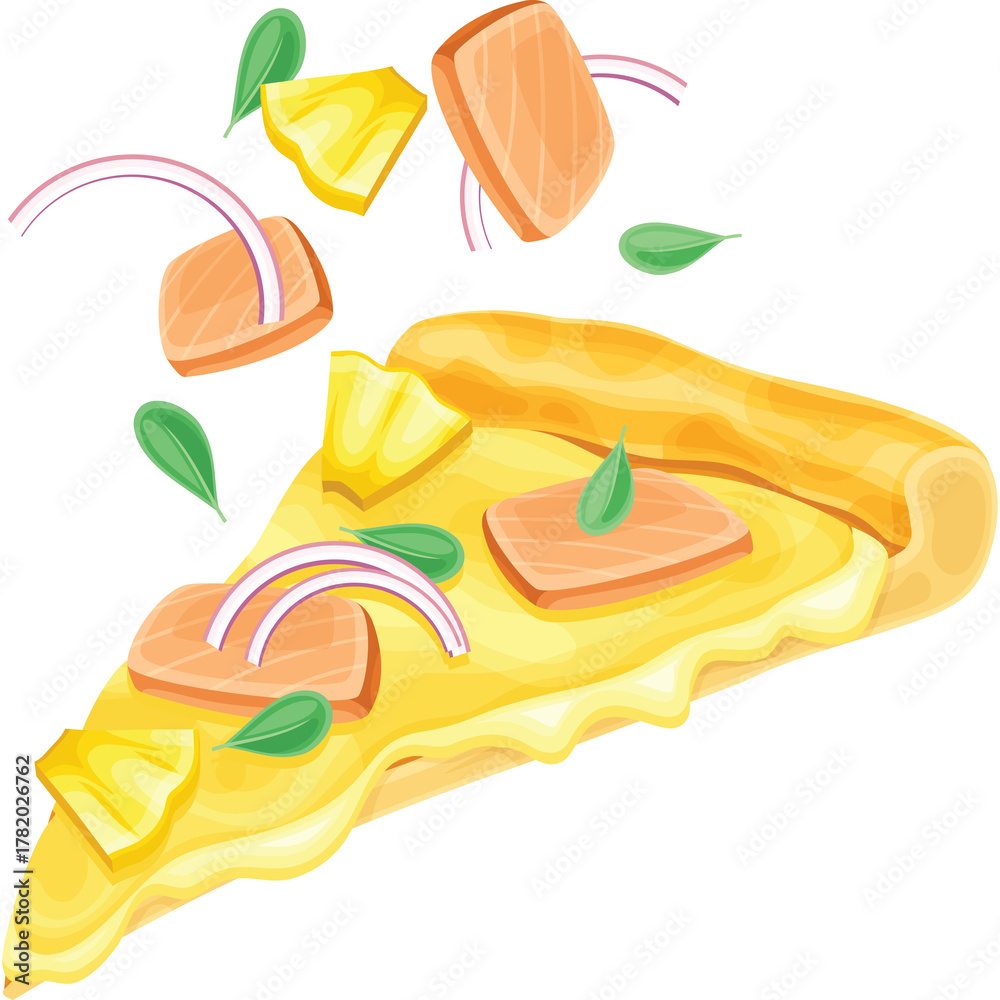 Naklejka premium A Slice Of Pizza With Salmon Pineapple And Red Onion Ingredients Flying Around In A Dynamic Splash Motion Against A Transparent Background