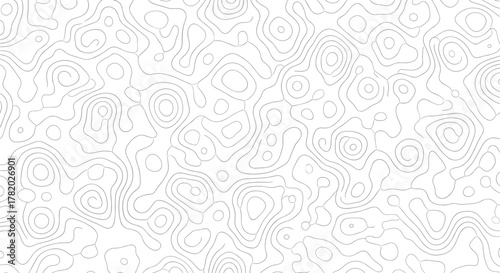 Seamless topographic map background with thin, flowing, wavy black contour lines creating a subtle, smooth wave pattern on a clean white backdrop, perfect for abstract design, scientific