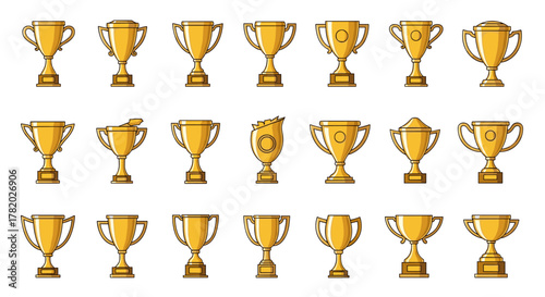Collection of Golden Winning Cups and Trophies, Vector Cartoon Illustration with Editable Stroke, Perfect for Infographics, Articles, Books, Flyers, and Banners, Symbolizing Victory and Achievement