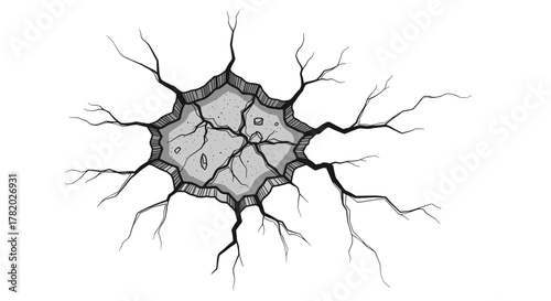 Hand-drawn sketch of a cracked wall with a hole, revealing broken concrete texture and spreading fissures, isolated on a white background, representing structural damage, decay, or a breakthrough