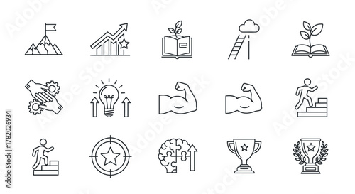 Collection of editable line icons representing ambition, progress, and personal growth, including concepts like climbing mountains, upward trending graphs, growing plants from books, ladders to