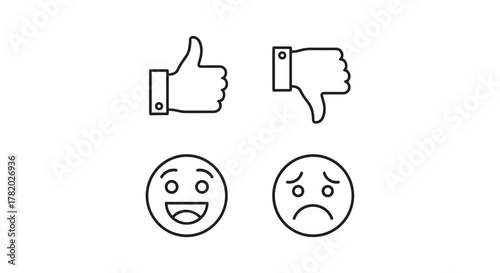 Set of line art icons representing feedback and rating, including thumbs up and thumbs down symbols, alongside happy and sad emoji faces, symbolizing customer satisfaction, positive and negative