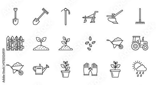 A comprehensive collection of line art icons representing gardening and agriculture, featuring essential tools like shovels, rakes, and wheelbarrows, alongside elements such as fences, seedlings