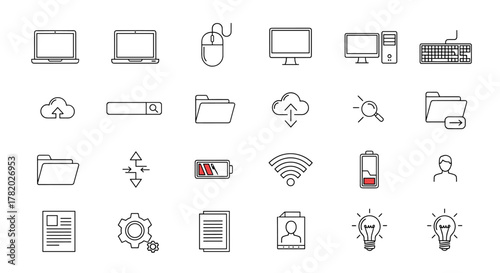 Collection of modern line icons representing technology and computing, including laptops, desktop computers, mice, keyboards, search bars, cloud storage, folders, batteries, Wi-Fi signals, user