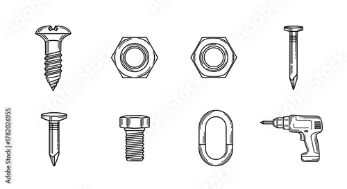 Collection of black outline icons representing various hardware and tools, including screws, nuts, bolts, nails, a hook, and a drill, isolated on a white background, perfect for construction and DIY