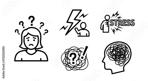 A collection of simple black and white line art icons illustrating mental health challenges, including a confused person with question marks, a figure experiencing stress with lightning bolts, the