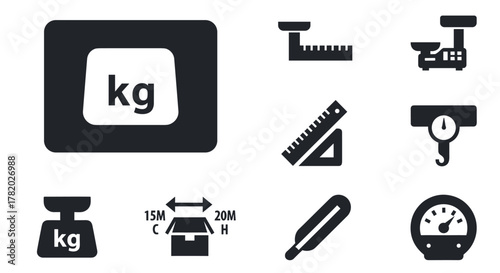 Collection of measurement icons in solid style, including kilogram weight, scale, ruler, box dimensions, thermometer, and gauge, representing accuracy and precision in various scientific and