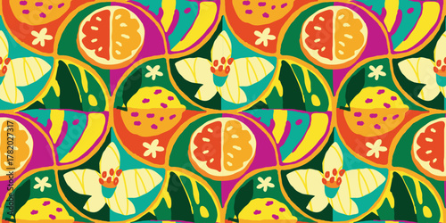 Bright tropical fruit pattern with sliced guava, papaya and banana in yellow and red on green background. Perfect for packaging and textile design