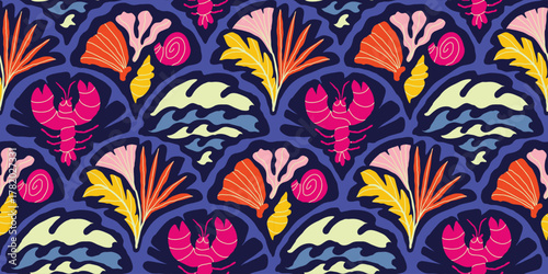 Dark navy pattern with pink lobsters and bright tropical leaves for a deep-sea summer theme. Suitable for fabric, surface design and wall décor