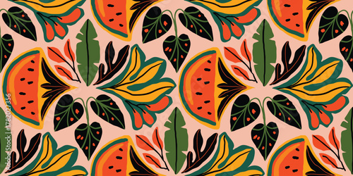 Vector pattern featuring watermelon slices and jungle leaves in bold orange, green and black. Ideal for textile, wall art and summer-themed packaging