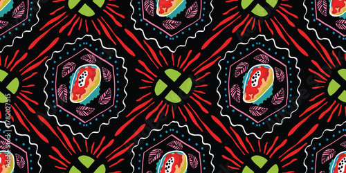 Seamless tropical summer pattern with hand drawn elements and vibrant colors. Suitable for wallpaper, fabric and print design