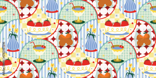 Retro kitchen fruit and vase vector seamless pattern with tomatoes, cherries, and orange motifs in pastel yellow and blue tones — vintage home decor design for wallpaper, fabric and kitchen prints.