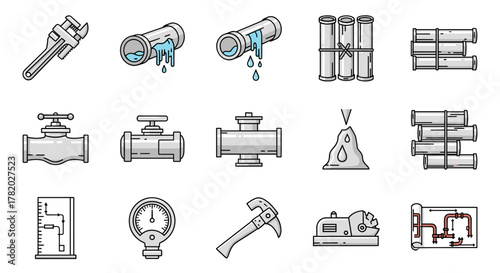 A collection of 15 flat design icons representing plumbing and pipe-related elements, including wrenches, leaking pipes, valves, pipe bundles, a pressure gauge, a blueprint, and a pipe cutter, all on
