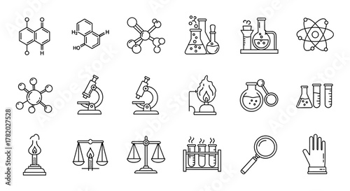 Set of Chemistry-Related Line Icons, Editable Stroke for Design, Web Sites, Apps, Cards, Containing Linear Images of Chemical Compounds, Laboratory Bulbs, Microscopes, Scales, Bunsen Burners, Atoms
