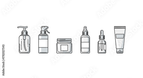 A clean and modern vector illustration showcasing a collection of cosmetic bottles and containers, including a pump dispenser, spray bottle, jar, dropper bottle, and tube, all presented in a linear