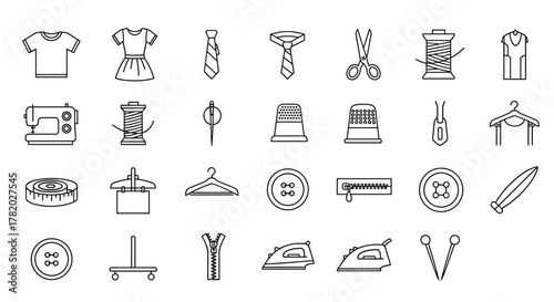 Comprehensive Set of Sewing and Garment-Related Line Icons: A Versatile Collection for Design, Web, Apps, and Cards, Featuring Editable Strokes and Linear Illustrations of T-Shirts, Dresses, Ties
