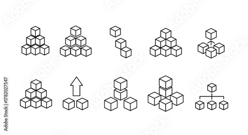 Collection of outline cube icons representing pyramids, hierarchies, and organizational structures, perfect for graphic and web design, apps, adverts, and various cards, presented as a vector cartoon