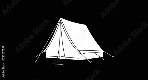 Minimalist white line art illustration of a classic bell tent, set against a stark black background, symbolizing camping, outdoor adventure, and a simple lifestyle. This versatile vector graphic is