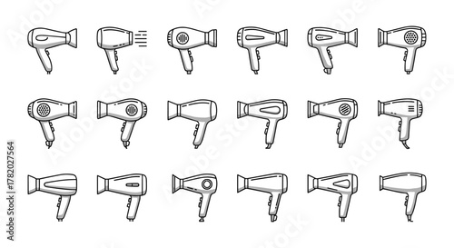Collection of diverse thin line icon illustrations of hair dryers, presented in a clean, ordered set against a white background, ideal for graphic design, app interfaces, and conceptual use