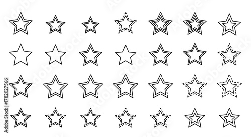 Collection of Star Outlines in Various Styles: Solid, Double-lined, and Dashed, Perfect for Infographics, Articles, Books, Flyers, and Banners. Vector Cartoon Illustration with Editable Stroke on a