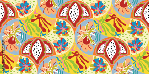 Colorful seamless vector with hand drawn pomegranate fruit and tropical flowers on vibrant yellow-green. Perfect for packaging and wrapping design