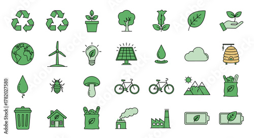 Vivid and descriptive vector icons set representing environmental themes, including recycling symbols, potted plants, trees, nature elements, the Earth, green energy sources like wind turbines and