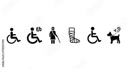 Collection of diverse disability icons in solid black, including wheelchair user, wheelchair with upward arrow indicating access, visually impaired person with cane, person with a broken leg in a