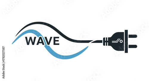 Dynamic wave logo with an electric plug, symbolizing connection and energy, perfect for technology, communication, and power-related brands. This clean vector illustration features the word "WAVE"