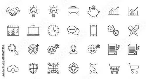 A comprehensive set of editable line icons representing various business concepts, including handshake, lightbulb, briefcase, piggy bank, charts, calendar, laptop, clock, chat bubbles, smartphone