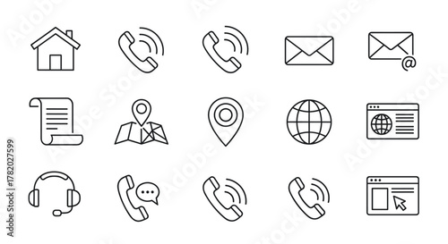 Contact Us Thin Line Icons Set: A comprehensive collection of communication and contact symbols including home, call, email, address, location, globe, support, telephone, and website icons, perfect
