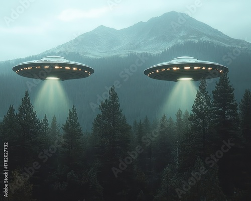 Two flying saucer shaped unidentified flying objects emitting light beams over a dense pine forest with mountains in the background under a misty sky
