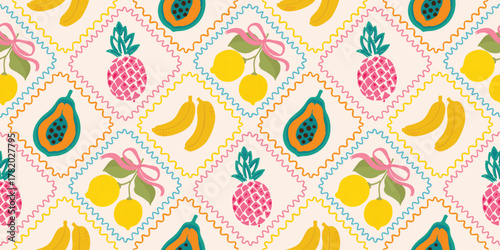Cute tropical fruit pattern with pineapples, bananas and pink background in a diamond grid layout. Perfect for kids wallpaper and clothing prints