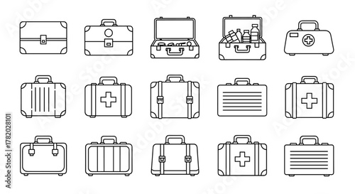 Collection of simple linear outline icons representing various medical suitcases and briefcases, including first aid kits with crosses, for web, books, cards, and apps. Editable stroke vector cartoon