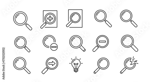 Magnifying glass line icon bundle featuring minimalistic linear pictograms for web and graphic design, apps, banners, social networks, and cards, including zoom in, zoom out, search, and idea