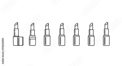A collection of seven minimalistic thin line icons representing lipsticks, presented in a row against a clean white background. The icons feature a simple, modern design, ideal for web, graphic